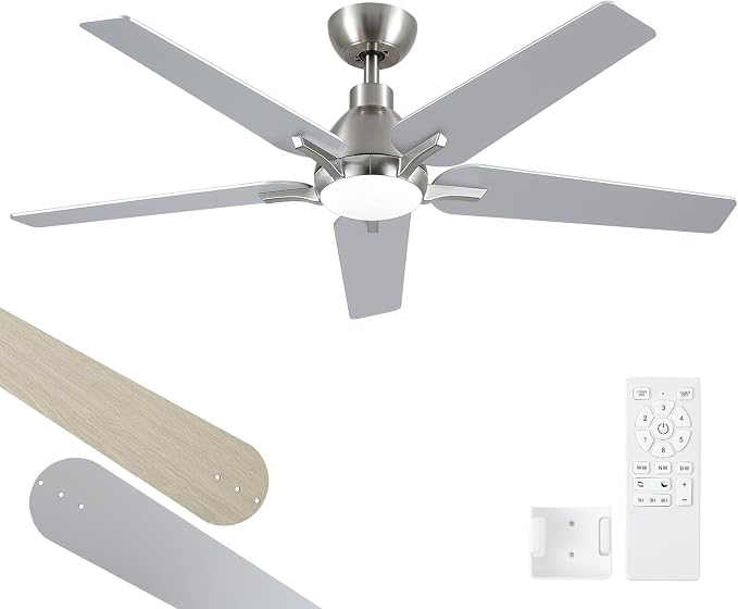 52 Inch Ceiling Fan with Light and Remote Cortrol, Brushed Nickel | 6-Speed Quiet Reversible DC Motor, 3CCT Dimmable 24W LED Light, 5 Wood Blades,Used for Bedroom, Living Room, Covered Patio