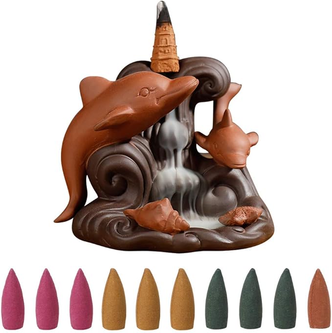 Backflow Incense Waterfall Burner, Cute Cone Holder Dolphin Decor Purple Clay Smoke Fountain Aromatherapy Ornamental with 10 Incense Cone Gift for Home Room Office Desk Indoor Meditation Yoga