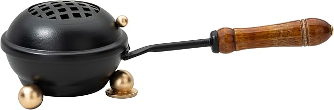 Premium Handmade Black Iron Incense Burner with Wooden Handle and Lid – Removable Screen, 3.15 Inch Diameter, 8.66 Inch Length