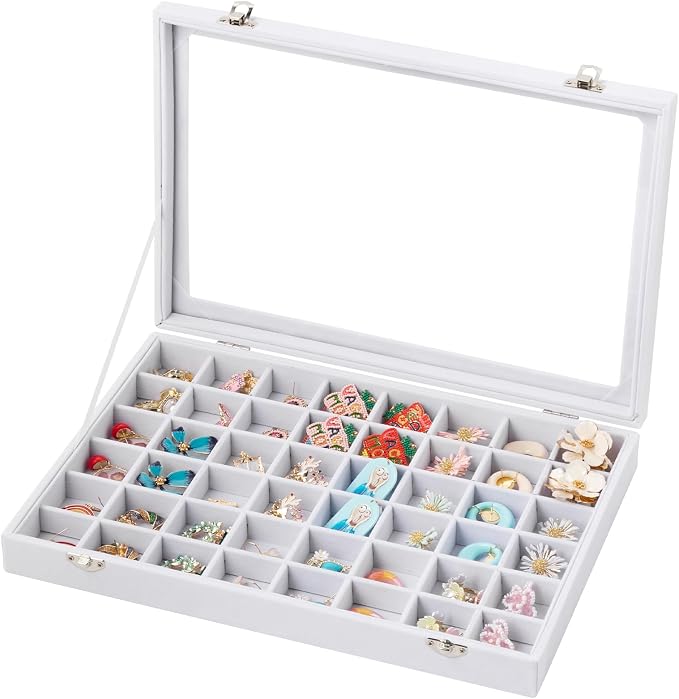 Frebeauty 48 Grid Earring Organizer,Velvet Jewelry Tray with Clear Lid | Drawer Jewelry Organizer for Rings Studs Beads,Adjustable Dividers,Dustproof,Earring Storage,Trinket Box,13.8×9.5Inches
