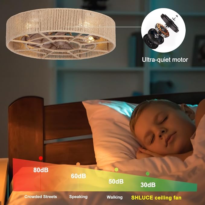 SHLUCE 22" Rattan Boho Caged Ceiling Fan with Light, Flush Mount Low Profile Ceiling Fan with Light, Rustic Large Bladeless Ceiling Fans with Lights and Remote for Bedroom, Living Room, Kitchen - ETL