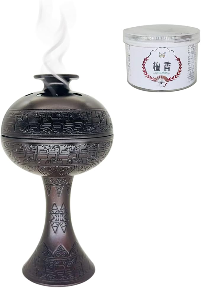 Chinese Incense Burner-Han Pantterned Plum Design, Antique Bronze Alloy Coil Holder for Yoga, Meditation, Home Office Desk Decor, Artistic Ornament with Incense Coils (Coppery)
