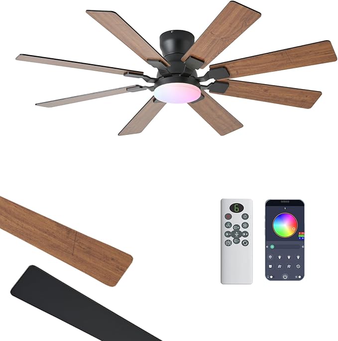 JSAITEE 52 inch Ceiling Fan with Light, 6 Speeds Reversible Low Profile Ceiling Fan with Light and Remote/APP Control, 3 Color Temp+Dimmable RGB, 8 Blades, Flush Mount Quiet Ceiling Fans, Brown