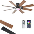 JSAITEE 52 inch Ceiling Fan with Light, 6 Speeds Reversible Low Profile Ceiling Fan with Light and Remote/APP Control, 3 Color Temp+Dimmable RGB, 8 Blades, Flush Mount Quiet Ceiling Fans, Brown