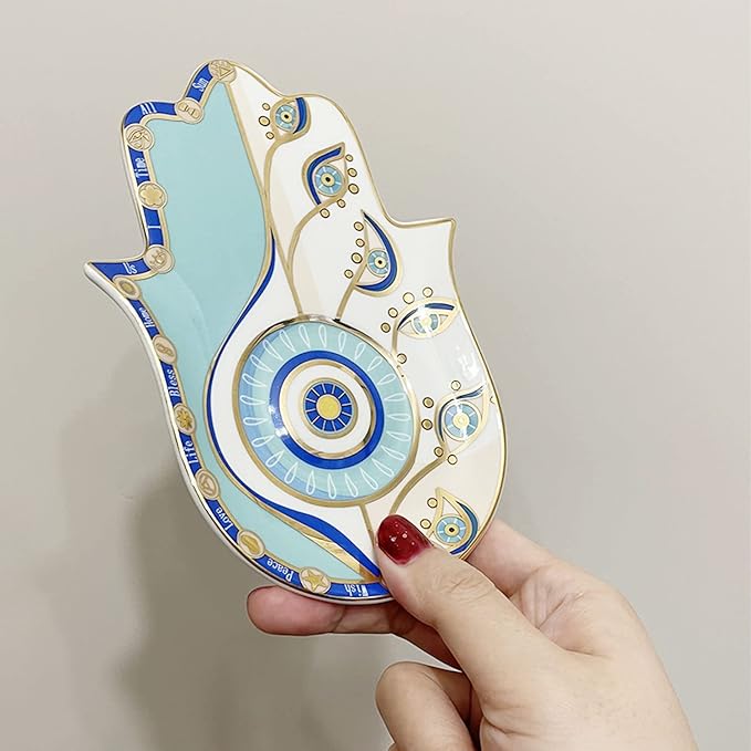 Ceramic Hamsa Hand Incense Holder - 2 in 1 Brass Incense Holder for Sticks and Coil Incense- Zen Decor with Hand of Fatima Design Protection from Evil - 6.2" L X 4.5" W (Blue)