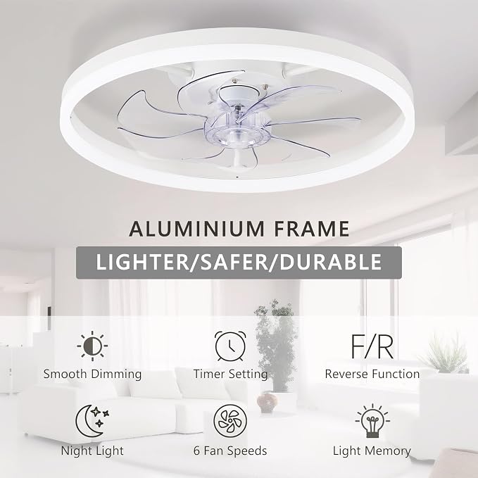 20" Low Profile Ceiling Fans with Lights and Remote & APP, Dimmable 3000-6500K LED Fandelier Ceiling Fan with Light, Modern Flush Mount Ceiling Fan Light for Living Room, Bedroom and Kitchen