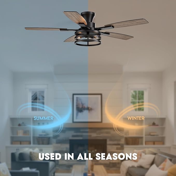 52 Inch Flush Mount Ceiling Fans with Lights and Remote Control, Low Profile Farmhouse Ceiling Fan for Bedroom Living Room and Patio, Black Caged Ceiling Fan for Indoor and Outdoor