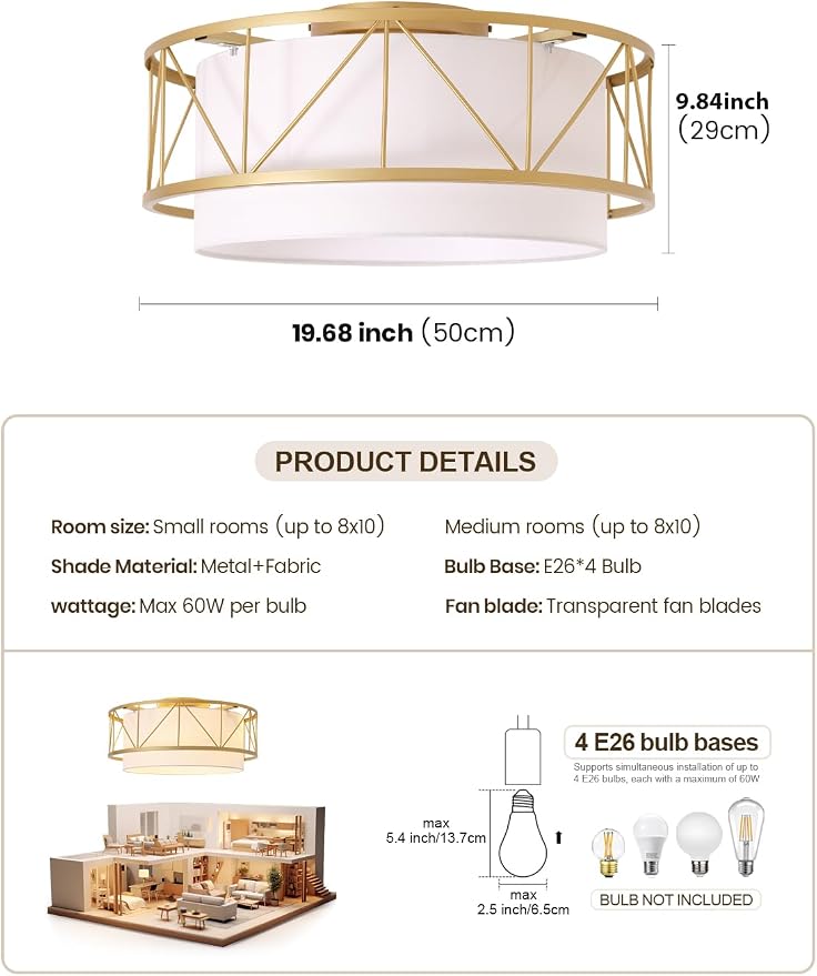 Boho Ceiling Fan with Light Flush Mount,20" Gold Caged Ceiling Fans with Lights Remote Control, Low Profile Boho Fandelier with 6 Speeds for Bedroom,Nursery,Living Room