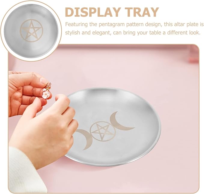 PRETYZOOM Altar Ritual Plate Dish Vintage Metal Offering Bowl Pentagram Moon Candle Holder Prayer Bowl Offering Plate Incense Burner Tray for Witchcraft Wiccan Tarot Supplies