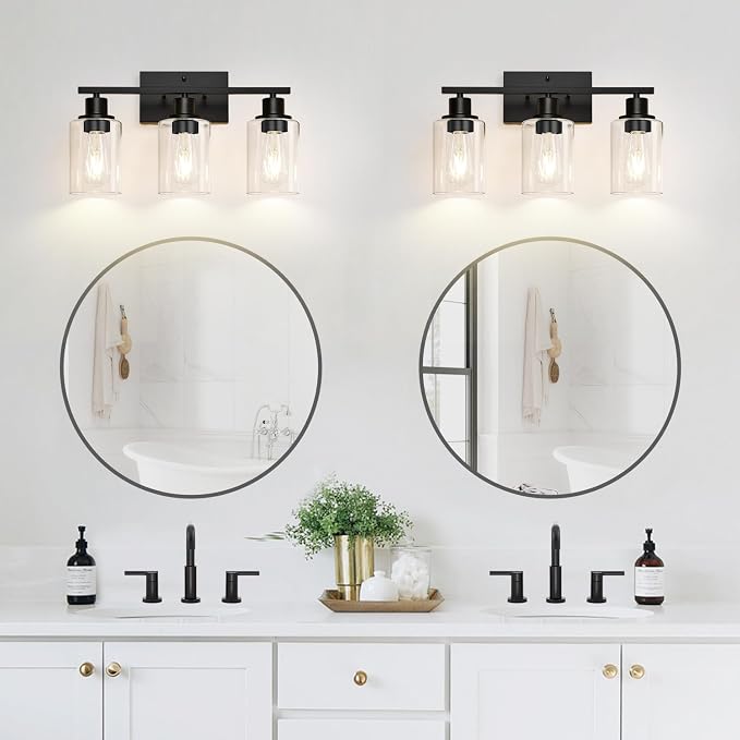 Indoi 3-Light Bathroom Light Fixtures, Matte Black Modern Vanity Lights with Clear Glass Shades, Bathroom Wall Lamp for Mirror Living Room Cabinet Bedroom Porch