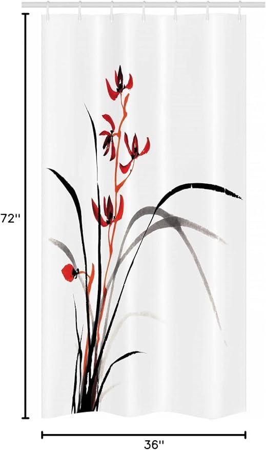 Ambesonne Japanese Stall Shower Curtain, Classic Cultural Chinese Ink Paint of Native Wild Orchids Reflexive Birches, Fabric Bathroom Decor Set with Hooks, 36" W x 72" L, Orange Black