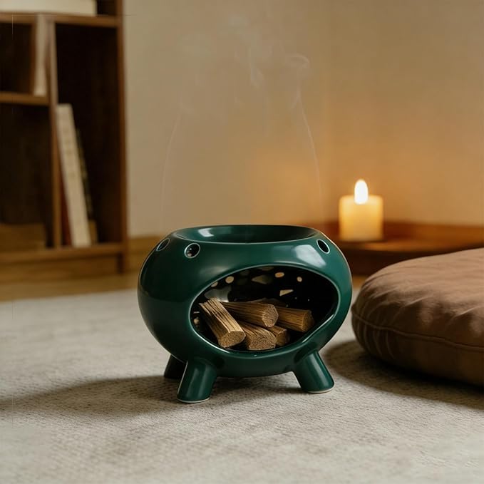 Ceramic Palo Santo Holder, Mini Chimenea Incense Burner with Vent Holes for Burn Sage, Smudge Sticks, Cones, Candle, Cedar and Zen Burner for Yoga, Meditation, Energy, Ash Catcher (Green)
