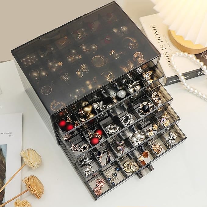 YUFONG Earring Storage Box Organizer, Acrylic Jewelry Storage Box Holder 5 Drawers Transparent Jewelry Display Stand with 120 Small Compartments Gift Boxes for Women Girls (Clear Black)