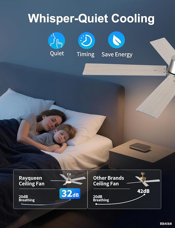 Rayqueen 52Inch Brushed Nickel Ceiling Fans with Lights and Remote,Downrod | 6 Speed Reversible DC motor,3-color temperature dimmable LED.For indoor/covered outdoor.Modern style for bedroom room