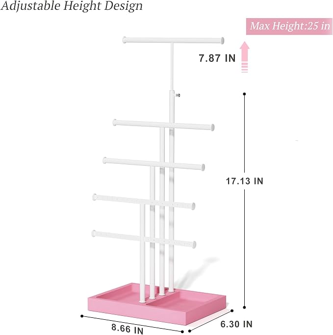 Love-KANKEI Jewelry Organizer Stand 5-Tier,Adjustable Height,Pink/White | Metal Rod,Solid Wood Base,Easy to Install,Tree Style,Display Long Necklaces,Bracelets,Earrings,Rings,Watches,Bangles,Gift