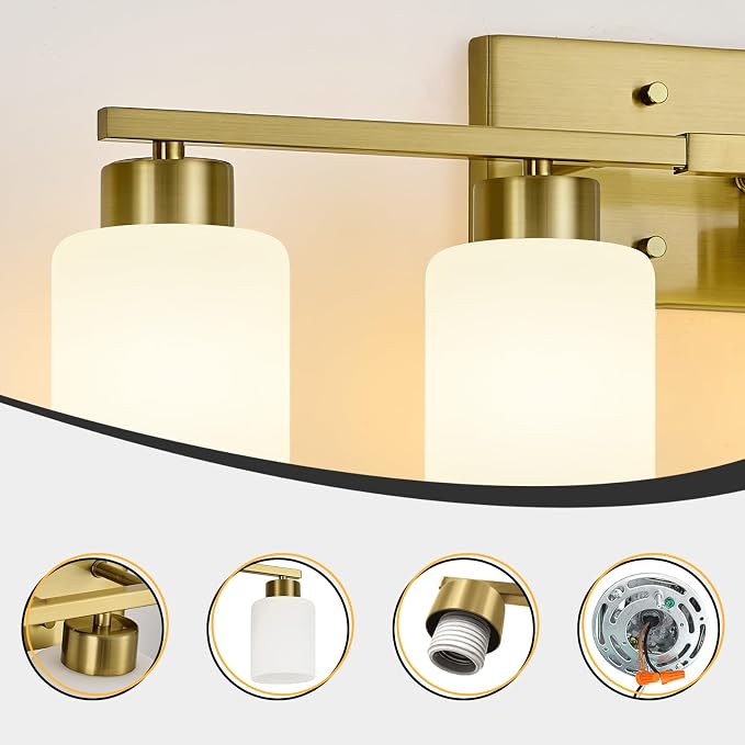 FonmYim Brushed Gold Bathroom Light Fixtures, 4-Light Modern Vanity Light Over Mirror, Wall Sconces with Milky White Frosted Glass Shades, E26 Socket (Bulbs Not Included)
