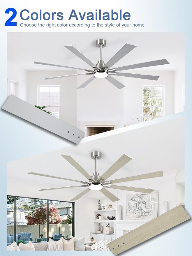 72 Inch Ceiling Fans with Lights and Remote, Pure Copper DC Motor Brushed Nickel Large Indoor/Outdoor Modern Industrial Ceiling Fan, Quiet, 6 Speed, 3CCT, for Patios Living Room Farmhouse Garage