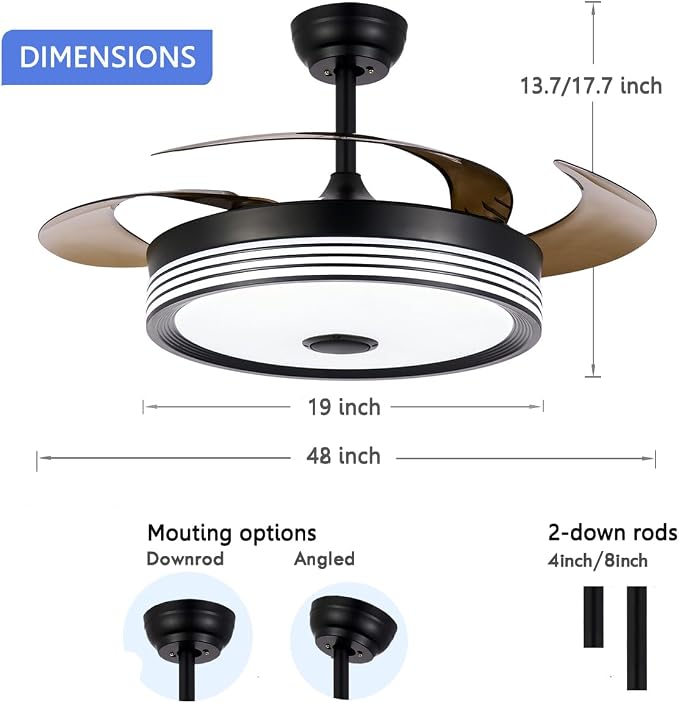 48 inch Modern Retractable Ceiling Fan with Lights and Remote Control, RGB 6Speed Dimmable Fandelier, Smart Ceiling Fan Light with Bluetooth Speaker, Reversible Bedroom