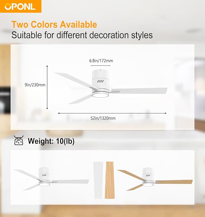 OPONL Ceiling Fan with Light, 52 inch Low Profile Ceiling fan with Light and Remote Control, Reversible, 6CCT, Dimmable, Noiseless, White Ceiling Fan for Bedroom, Indoor/Outdoor Use, Classic