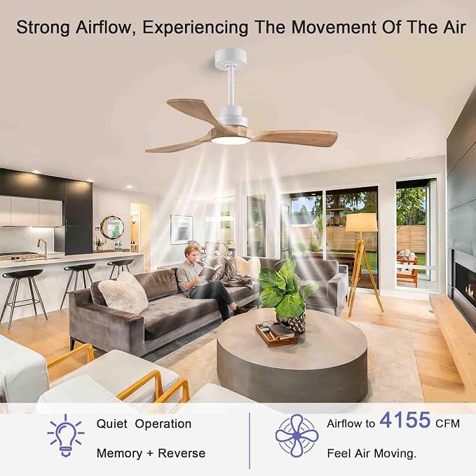 42-inch Quiet 3-Blade Solid Wood Ceiling Fan with Light and Remote Control | 3CCT dimming and color temperature adjustment, mobile app, full memory function, for use in the living room and bedroom