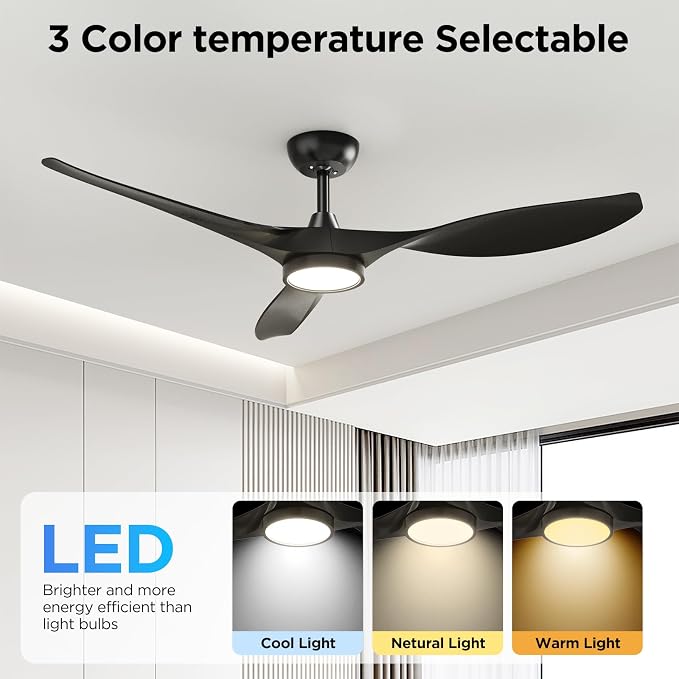 Roomratv Ceiling Fans with Lights, 52 Inch Black Ceiling Fan with Remote Control, Quiet Noiseless Reversible DC Motor 6 Speeds Timers 3 CCT Dimmable Modern Fan Light Indoor for Bedroom Living Room
