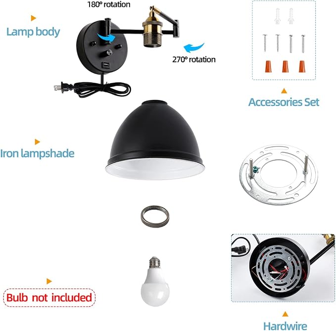 Swing Arm Wall Sconces, Plug-in Wall lamp,Bedroom Wall lamp ， White Fabric Shade，，with dimmable Switch and USB Charging Port, Suitable for Bedside, Living Room, Reading (Metallic Black)