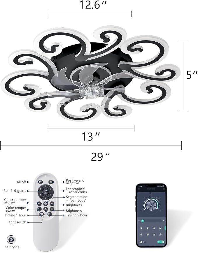 Remote-Controlled Ceiling Fan with Light, Modern Ceiling Fan with Lighting, Stepless Dimming with Color Temperature Adjustment, 6-Speed Settings, Suitable for Bedrooms and Living Rooms (Black)