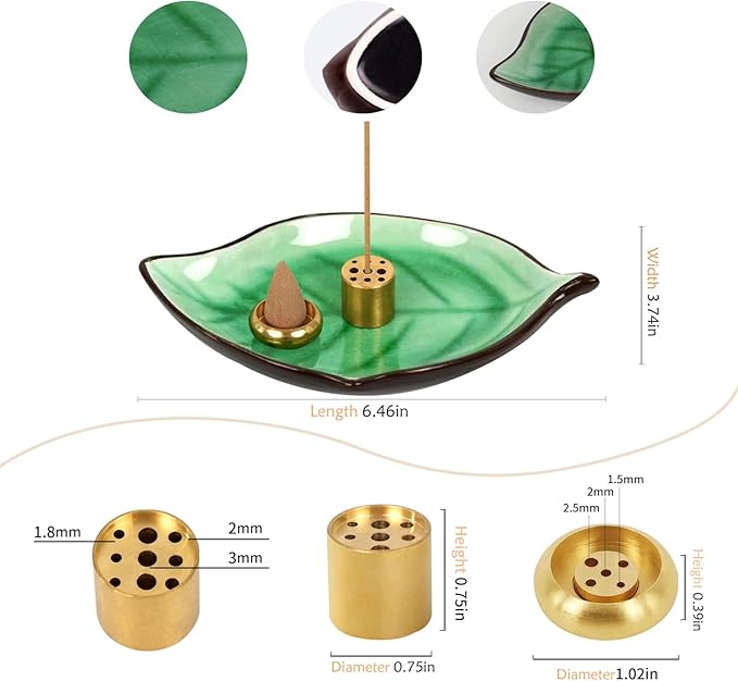 Incense Holder for Sticks (9 Holes) and Cones, Handmade Ceramic Incense Ash Catcher for Meditation, Yoga, SPA Days, Relaxing, Home Decor, Candle Holder, Easy to Clean, Leaf-Shape (Green)