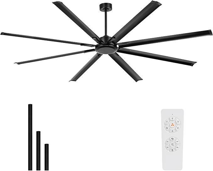 96 Inch Industrial Ceiling Fan Without Light, Matte Black Outdoor Model for Covered Areas, 8 Aluminum Blades, Powerful Airflow, Modern No-Light Design, CF04NBK-96