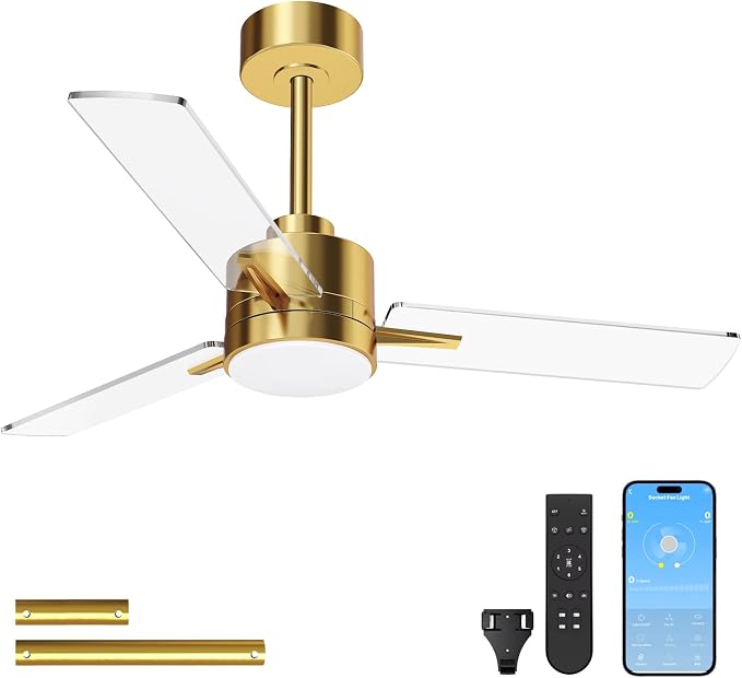 LANMEL 42 Inch Metal Ceiling Fan with Light, Modern Flush Mount Low Profile with Remote Control, Reversible, 3cct Dimmable, Quiet, Gold Transp LED for Bedroom, Living Room, Indoor/Outdoor Patio Use