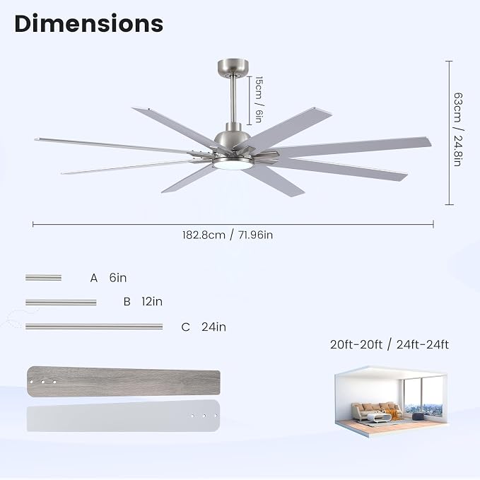 Newday 72 inch Large Ceiling Fans with Lights and Remote, Indoor/Outdoor Brushed Nickel Ceiling Fan for Living Room Patio, 6 Speeds Slient Reversible DC Motor, 3CCT, Timer, 3 Downrods, 8 Blades