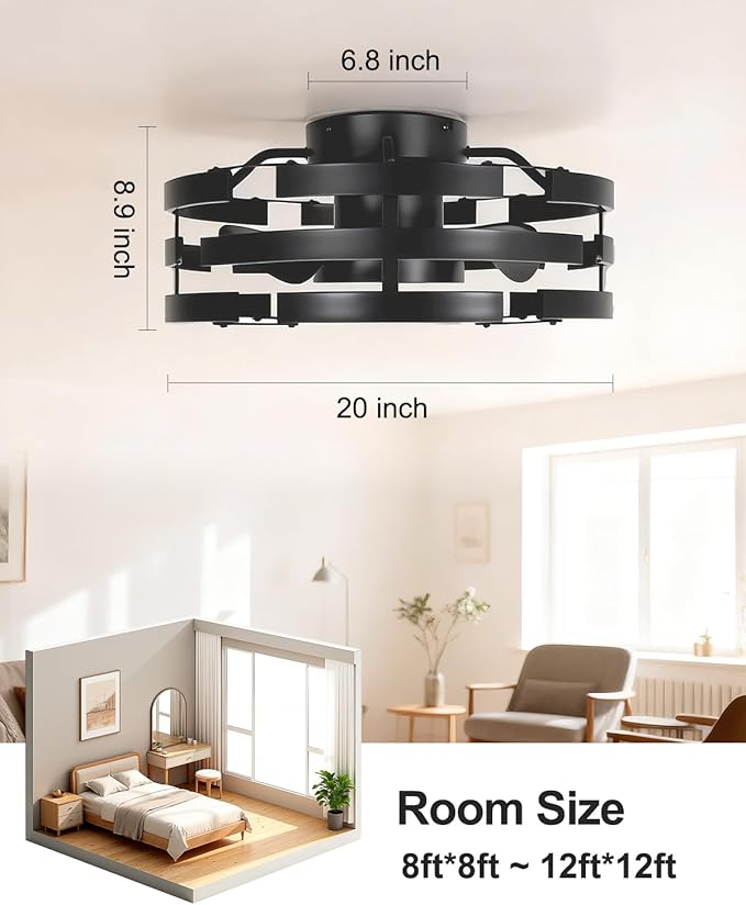 Roomratv Black Fandelier Flush Mount Ceiling Fan with Lights, 20" Low Profile Caged Ceiling Fan with Remote, Modern Enclosed Bladeless Fan Light Fixtures for Bedroom Living Room