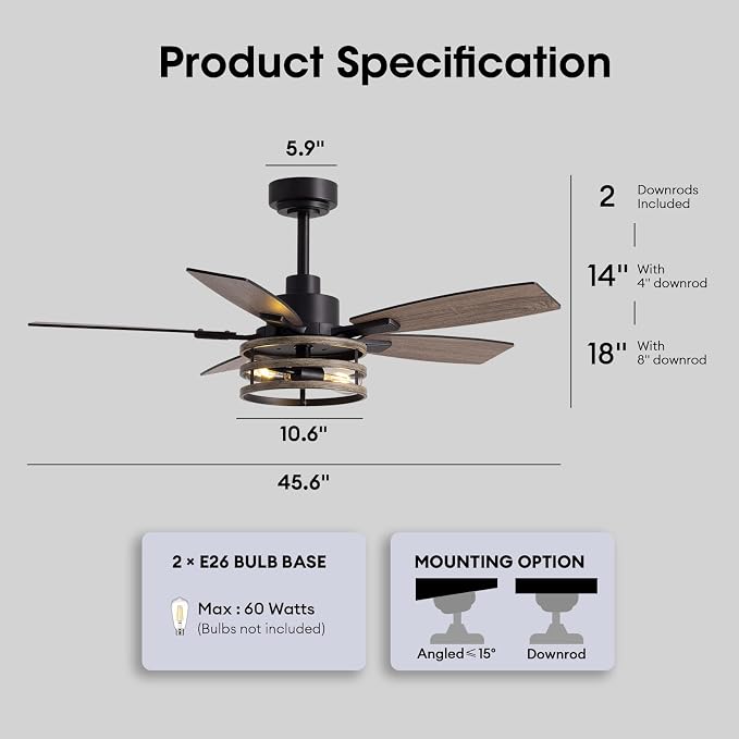 LuminFan 46 Inch Ceiling Fans with Lights and Remote Control, Farmhouse Ceiling Fan for Bedroom Living Room and Patio, Black Caged Ceiling Fan for Indoor and Outdoor