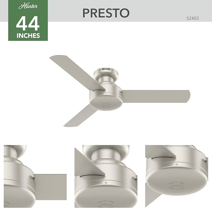 Hunter Presto, Indoor, Ceiling Fan, No Light, Modern, 44 inch, Matte Nickel | Low Profile Mount, Wall Control, 3 Blades, For Bedroom, Living Room, Kitchen, 52403