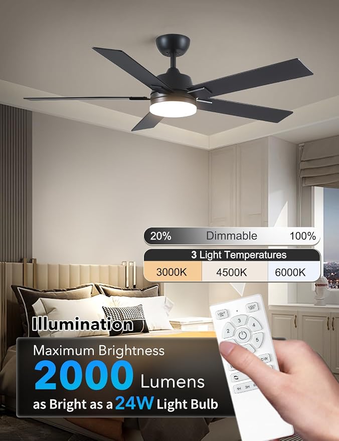Rayqueen 52 Inch Black Ceiling Fans with Lights and Remote,Includes Downrod | 6 Speed Reversible DC motor,3-color temperature dimmable LED.For indoor/covered outdoor.Modern style for bedroom room