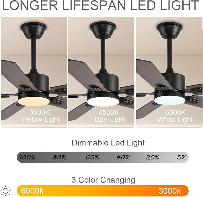 FUMLTP 52 inch Modern Ceiling Fans with Lights APP/Remote Control, Low Profile Reversible 6 Speeds Dimmable Ceiling Fan Light for Indoor/Outdoor Bedroom Living Room（Brown）