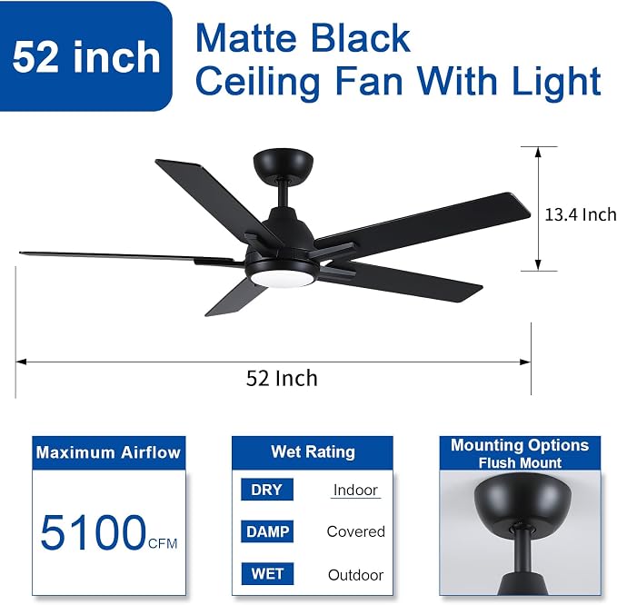 Sevenine 52 Inch Downrod Black Ceiling Fan with Light & Remote, ETL Listed | Easy Installation, 6 Speed, Quiet DC Motor, 3-Level Timer Function, 3 Color Temperature, Forward/Reserve For all Seasons