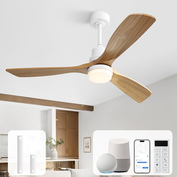 Sofucor 52 Inch Smart Ceiling Fan, Indoor/Outdoor Ceiling Fans with Lights and Remote, Work with Alexa/Google/APP, 6-Speed, Quiet DC Motor, 3 Blades Solid Wood Ceiling Fans for Bedroom Farmhouse Patio