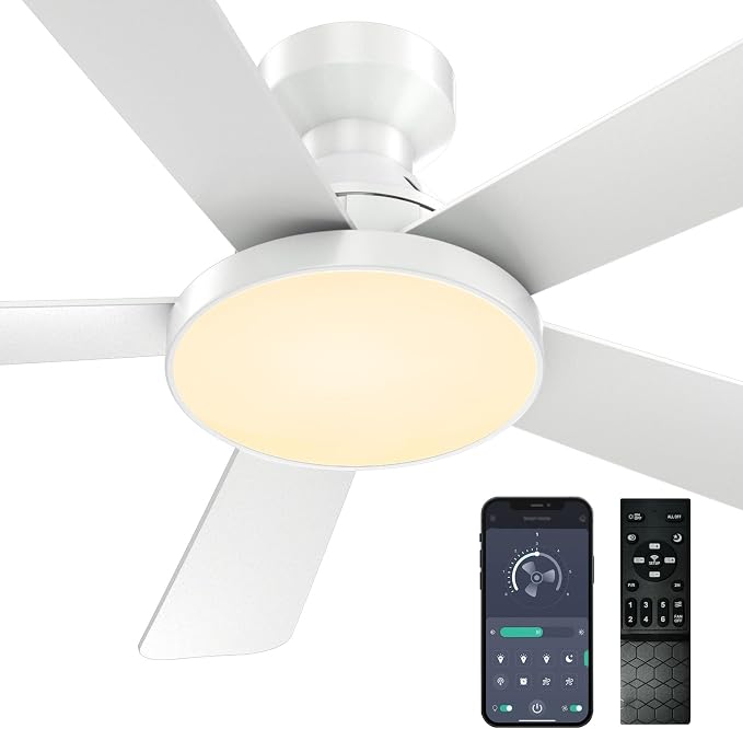 Ceiling Fans with Lights, 46" Low Profile Ceiling Fan with Light, Remote/App Control, Flush Mount Ceiling Fan for Bedroom, Indoor/Outdoor (White)
