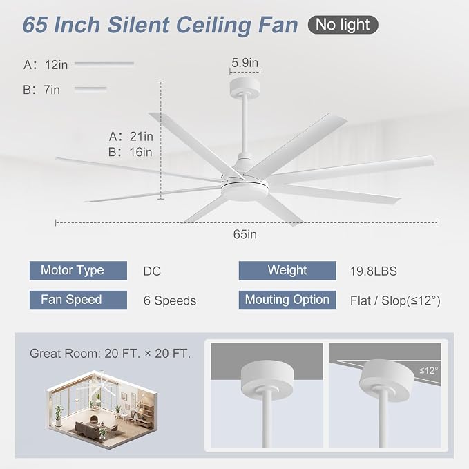 65 Inch Ceiling Fan No Light, Modern Ceiling Fan with Remote Control, Quite DC Motor 8 Reversible Blades Indoor Outdoor Industrial Ceiling Fan without Light For Living Room Bedroom Patio Garage-White