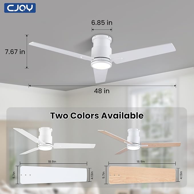 CJOY 48In Ceiling Fan with Light Flush Mount - White Low Profile Ceiling Fan Light with Remote, 3 Reversible Dual-Sided Blades, 3CCT, Dimmable, Modern Fan Light for Indoor Bedroom, Covered Outdoor
