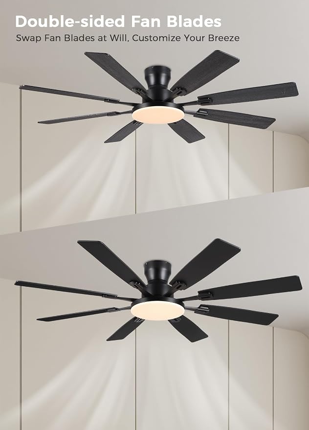 JSAITEE 60Inch Ceiling Fan with Lights Flush Mount Low Profile,Dark Grey | Ceiling Fans,DC Reversible Motor Noiseless, 3CCT Dimmable, Dual Finish, 6 Speeds Ceiling Fan for Indoor/Outdoor