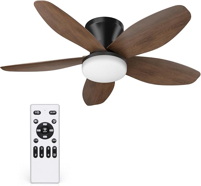 35 In Small Low Profile Ceiling Fan Light Remote Walnut Outdoor | Quiet 6-Speed Airflow,3CCT Dimmable,Memory for Light,2/4H Timer,Reversible DC Motor,Bedroom Patio Indoor Use