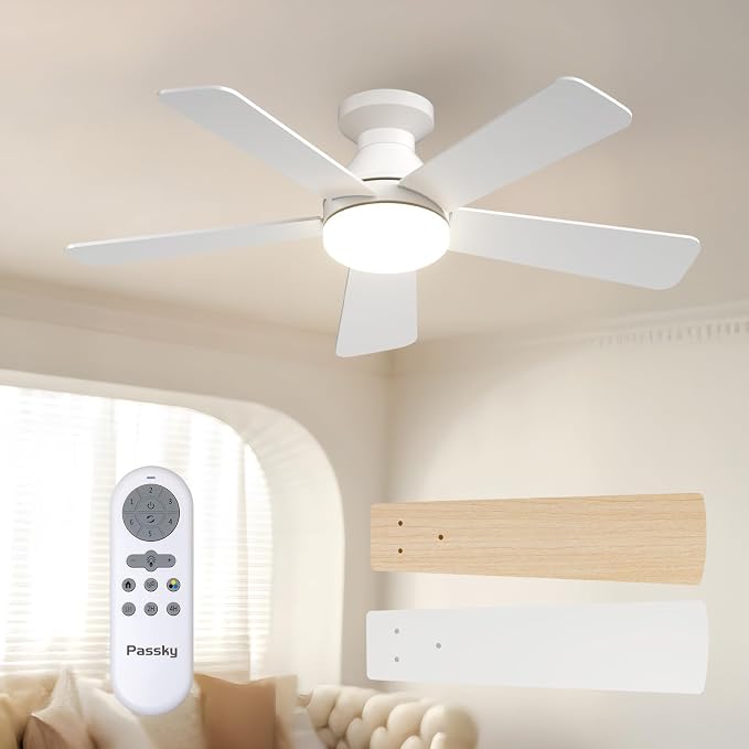 Passky Ceiling Fans with Lights, 42 inch Flush Mount Ceiling fan with Remote Control, Low Profile Ceiling Fan for Bedroom, Farmhouse, Reversible, 3CCT, Dimmable, Noiseless DC Motor, White