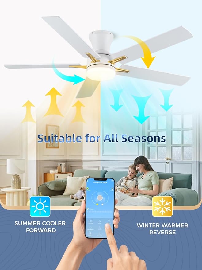 LANMEL 52 Inch Flush Mount Ceiling Fan with Light, App&Remote Control, Low Profile Modern Ceiling Fan, 6 Speed, Reversible, 3000k-6500k Dimmable LED, Quiet DC Motor for Indoor Outdoor, Gold White
