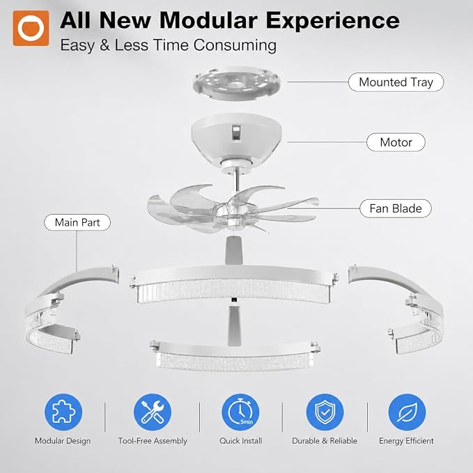 addlon 20'' Ceiling Fans with Lights and Remote, Low Profile Flush Mount Ceiling Fan with Light, 3000-6000K Dimmable LED Fandelier, Modern Small White Ceiling Fan for Bedroom, Kitchen, Living Room