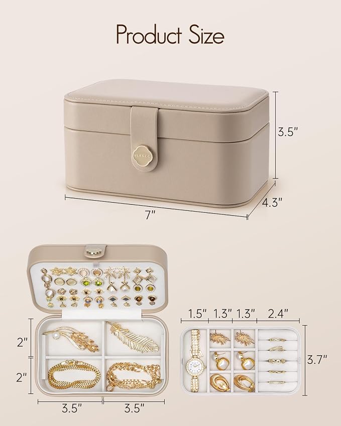 VLANDO Travel Jewelry Case, 2-Layer Jewelry Box, Portabel Travel Organizer for Necklaces, Earring, Bracelets, Ring, Watch - Large Capacity Travel Jewelry Storage - Toffee