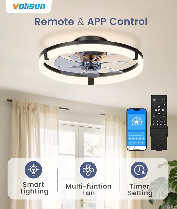 VOLISUN Low Profile Ceiling Fans with Lights and Remote, 20in Flush Mount Ceiling Fans with Light, 3000K-6500K Dimmable Fandelier Ceiling Fan, Black Bladeless Ceiling Fan for Bedroom
