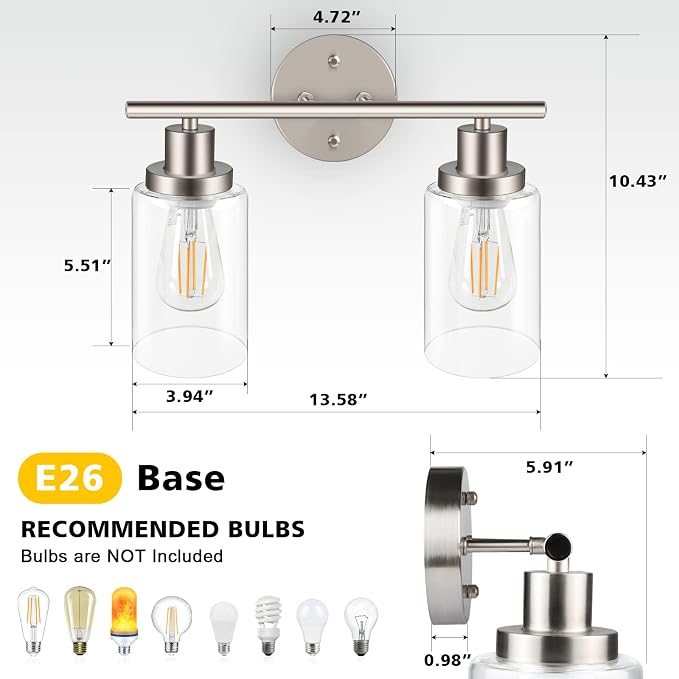 Unicozin 2 Light Vanity Lights, Brushed Nickel Wall Sconce Light with Clear Glass, Bathroom Light Fixtures, Wall Lights for Mirror, Living Room, Bedroom, Hallway, E26 Base (Bulbs Not Included)