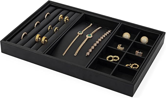 Oirlv Leather Multi-Function Jewelry Tray Black | Versatile Compartments for Rings/Earrings/Bracelets, Stackable Design